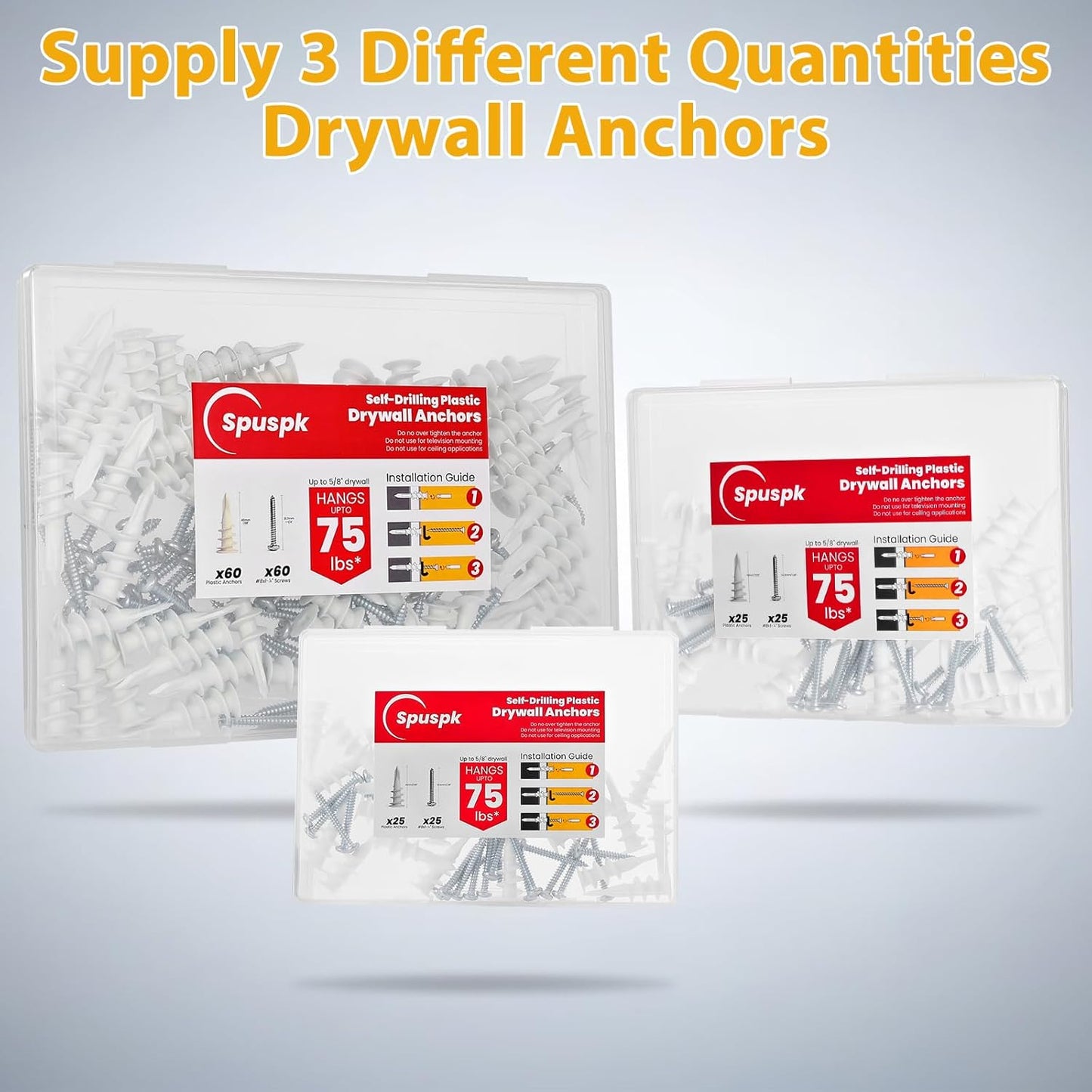 Spuspk #8 Self Drilling Drywall Anchors,120Pcs Wall Anchors and Screws for Drywall, 60 Self-Tapping/Threaded Plastic Sheetrock Anchors + 60#8 x 1-1/4'' Screws, 75LB Hanging and Mounting