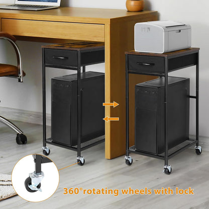 Computer Tower Stand PC Tower Stand with Storage Drawer Mobile CPU Holder Stand with Caster Wheels 2 Tier Rolling Computer Tower Cart for Home Office Fax, Rustic Brown