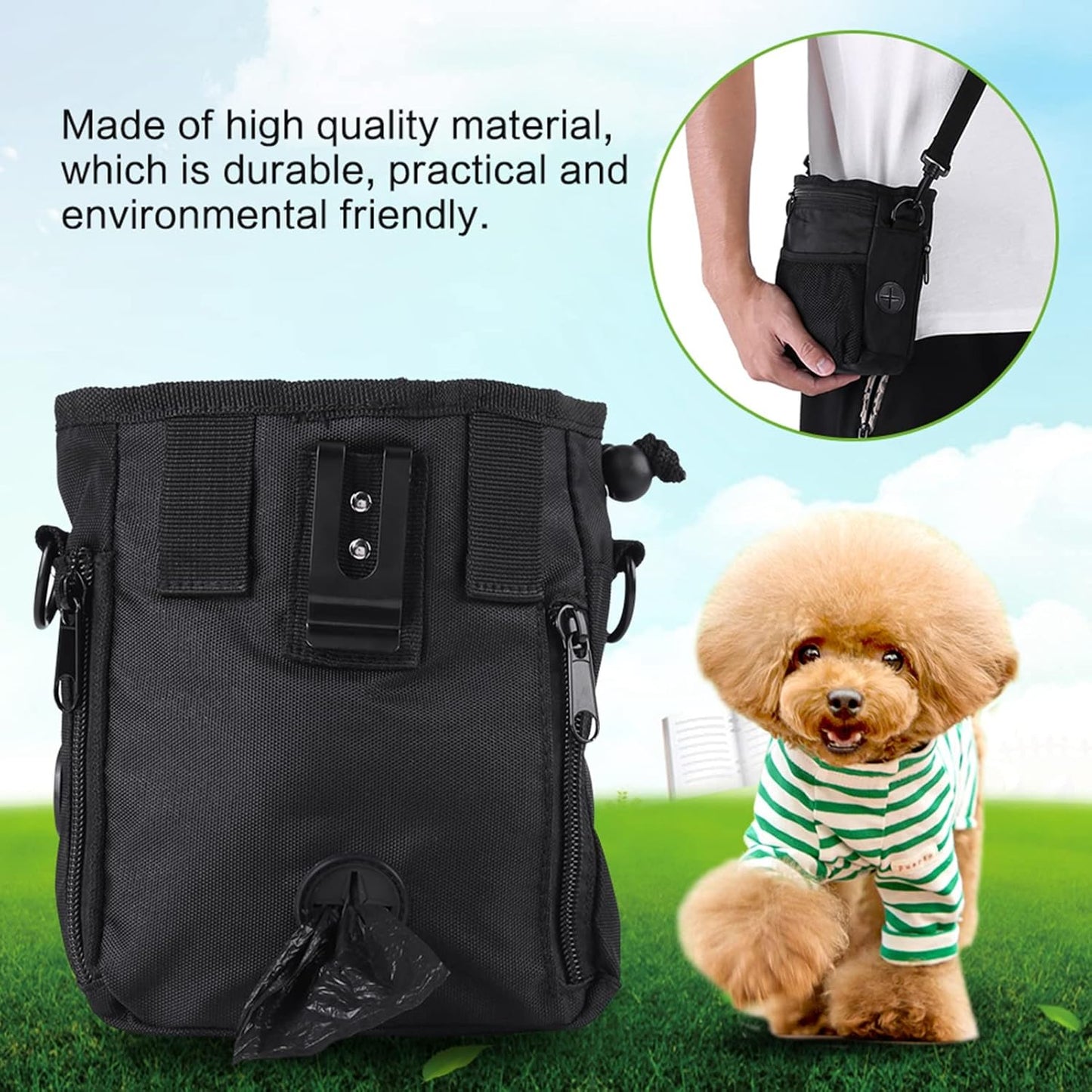 Pet Treat Bag, Dog Obedience Training Waist Pouch Reward Bait Bag Food Snack Small Items, Storage Bags with Shoulder and Strap Built in Poop Dispenser for pet