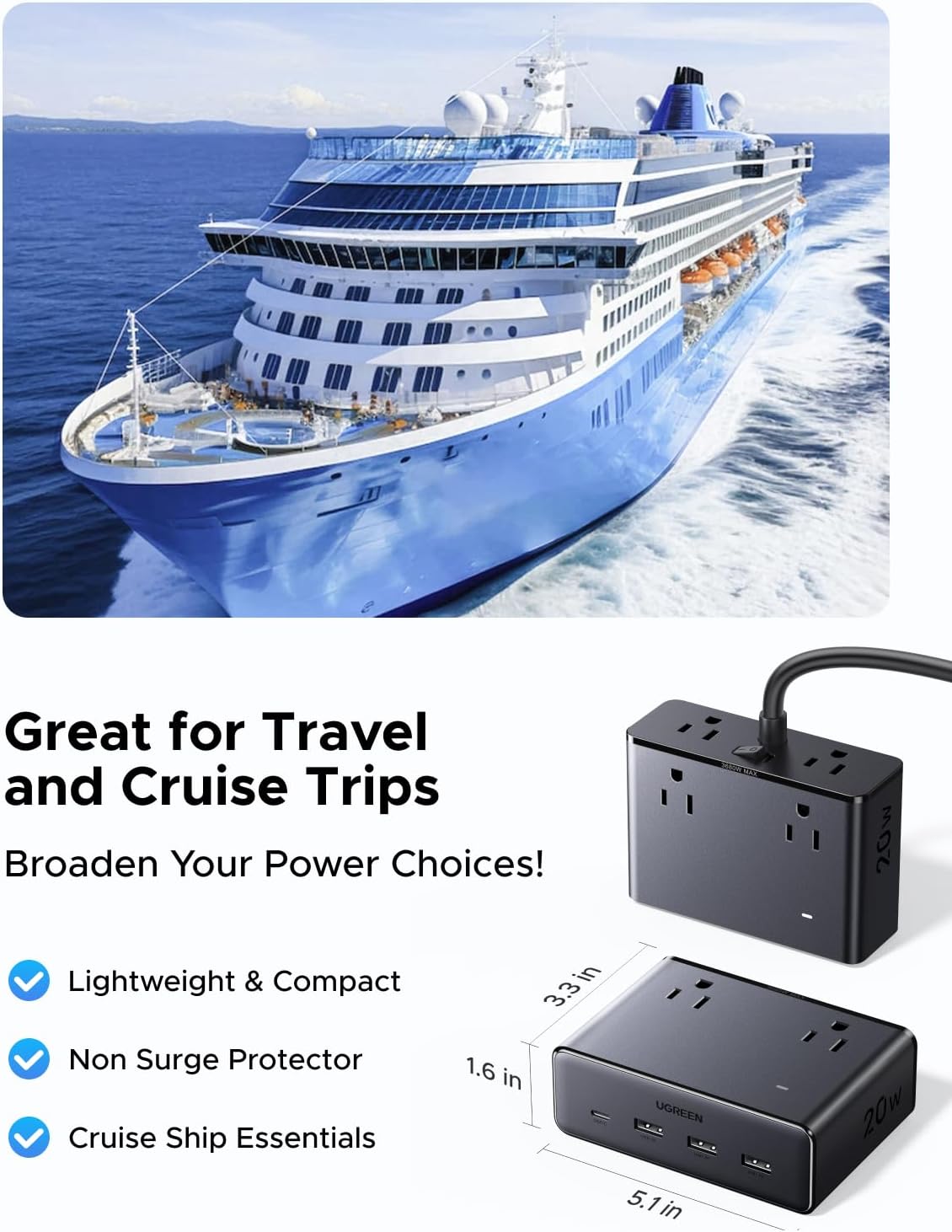 UGREEN Power Strip 20W, Max 8 in 1 USB C Charging Station GaN with 4 AC, 3 USB A, 1 USB C and 5ft Extension Cord, Power Bar Fast Charging Desktop Charger for Home, Office, Travel Essentials