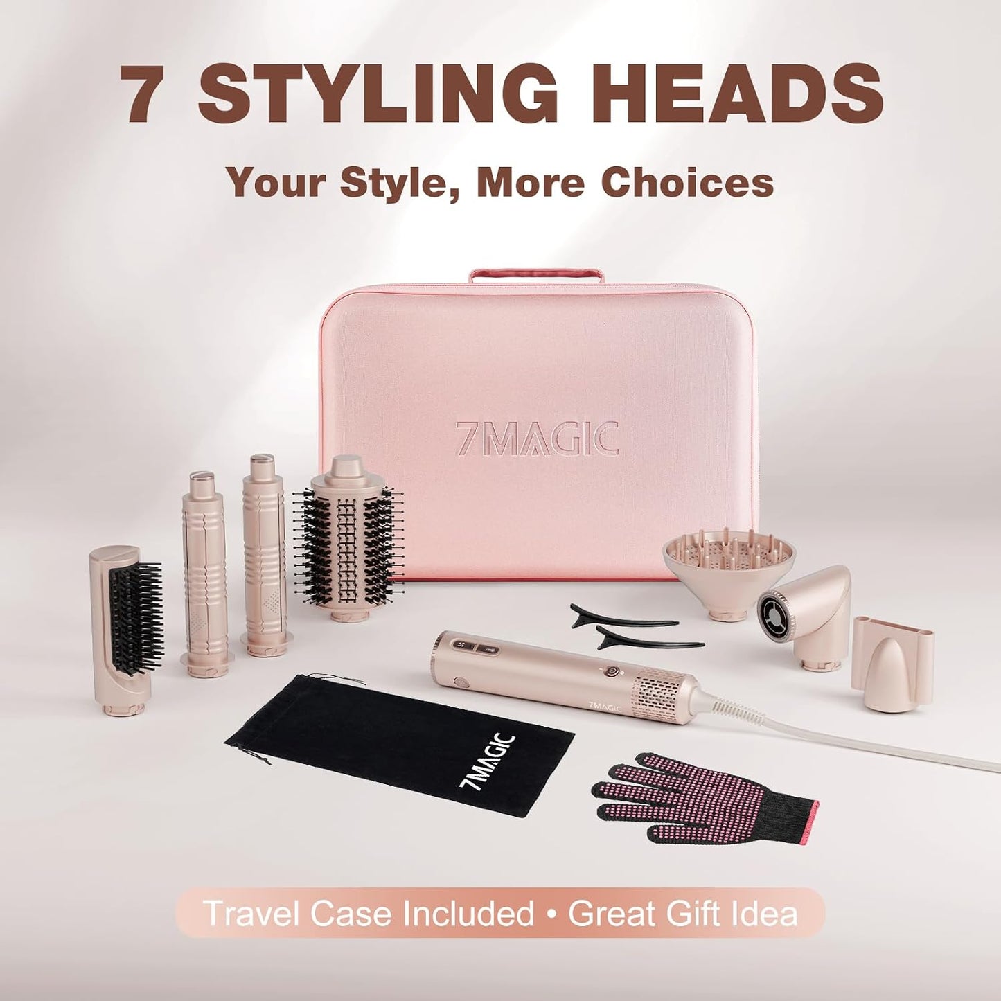 7MAGIC 7 in 1 Hair Styler & Hair Dryer Brush,110,000 RPM High-Speed Negative Ionic Hot Air Styler, 1400W Powerful Blow Dryer Brush & Multi-Style for Straight,Wavy, Curly, and Coily Hair, Pink