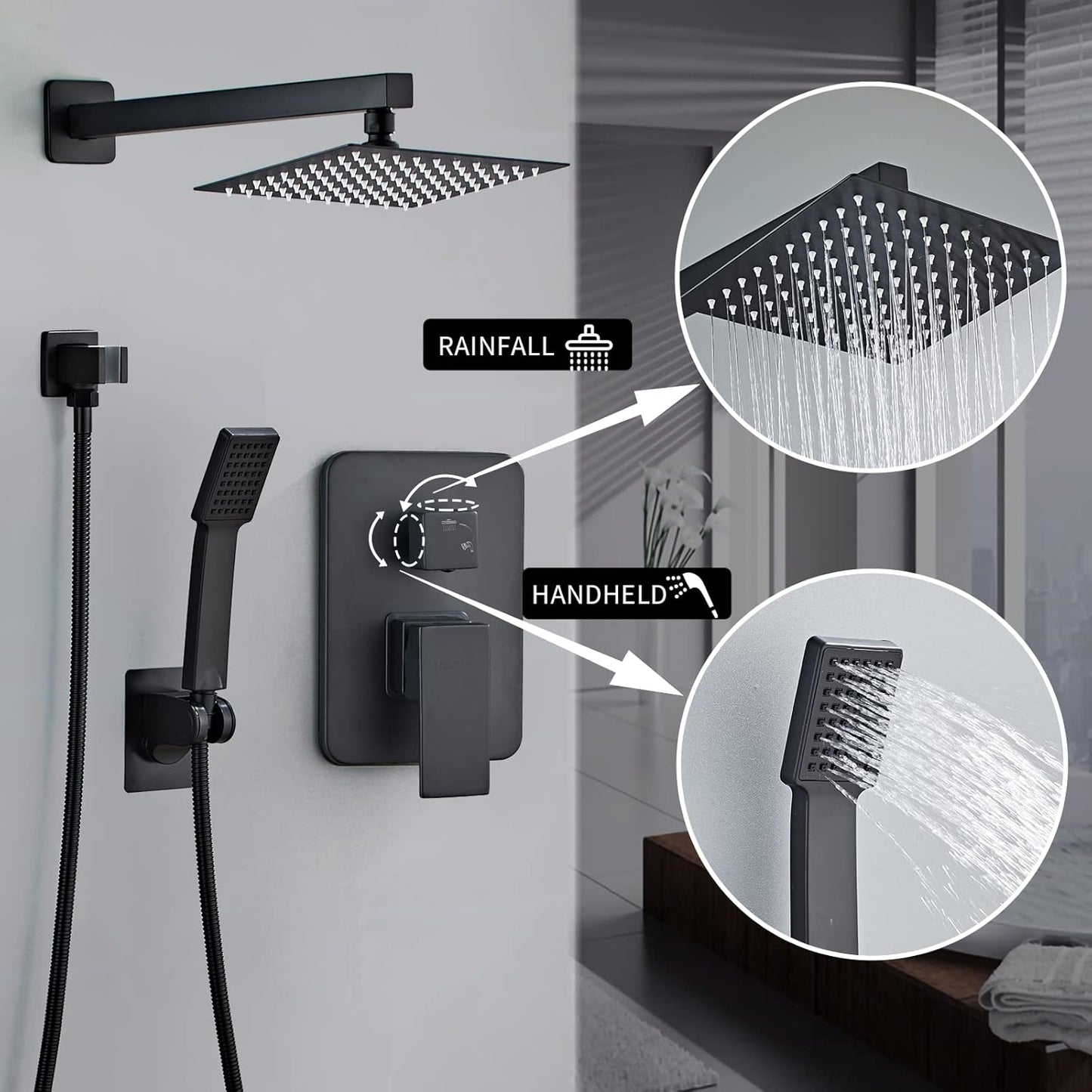 LCEVCGK Shower Faucet Set Complete Matte Black Shower System with 8 inch Square Rainfall Shower Head 3-Function Handheld Shower Waterfall Bathtub Spout Rain Shower Combo Set Bathroom Wall Mounted