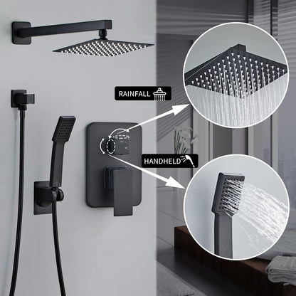 LCEVCGK Shower Faucet Set Complete Matte Black Shower System with 8 inch Square Rainfall Shower Head 3-Function Handheld Shower Waterfall Bathtub Spout Rain Shower Combo Set Bathroom Wall Mounted