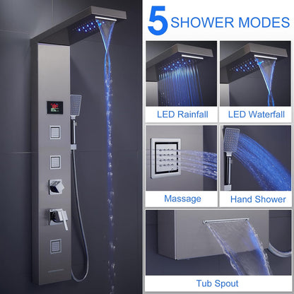 LED Shower Panel Tower System Black, MENATT 304 Stainless Steel 5-Function Shower Panel Rainfall Waterfall Shower Rain Massage System with Body Jets