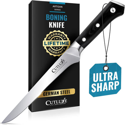 Cutluxe Curved Boning Knife – 6" Boning Knife for Meat Cutting, Fillet Knife – High Carbon German Steel, Full Tang & Ergonomic Handle Design – Artisan Series