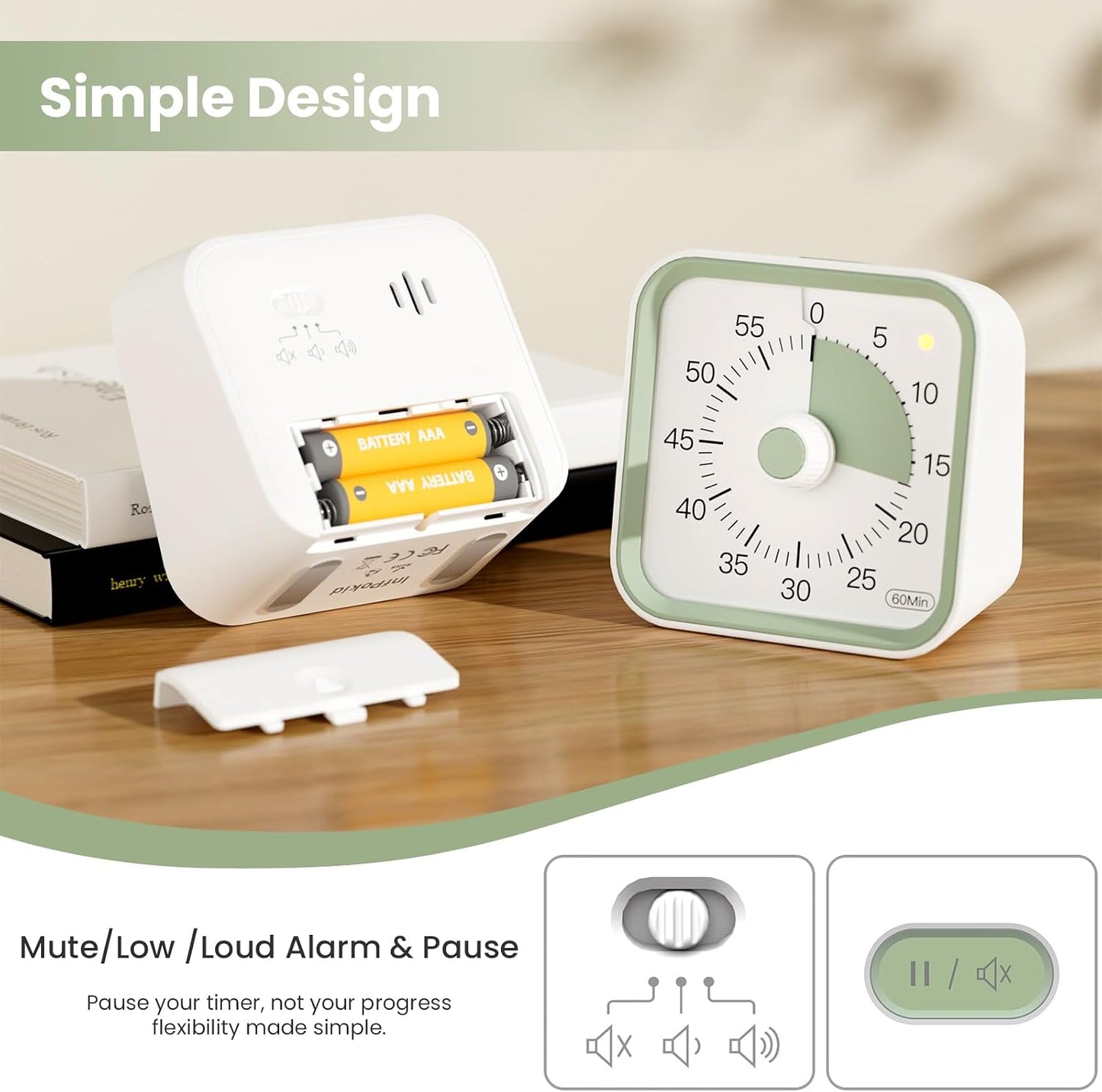 Visual Countdown Timer for Kids | 60 Minute Silent Timer with Pause Function