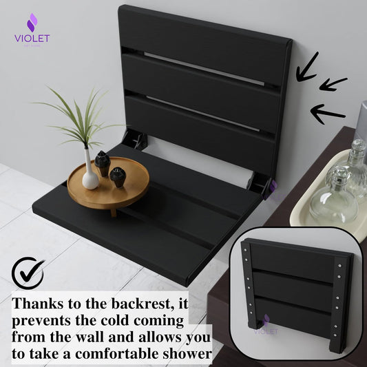Folding Wall Mounted Teak Wood Shower Seat, ADA Compliant Durable Bath Bench, Sturdy Space-Saving Bathroom Stool, Fold Up Easy Folding Handmade Compact Chair (Black, Large)