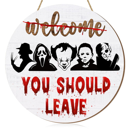 Halloween Killer Door Sign,"Welcome You Should Leave" Halloween Spooky Front Door Hanger, Rustic Horror Movie Bloody Wooden Wreath Wall Sign For Home Party Outdoor Yard Decor Farmhouse Decorations