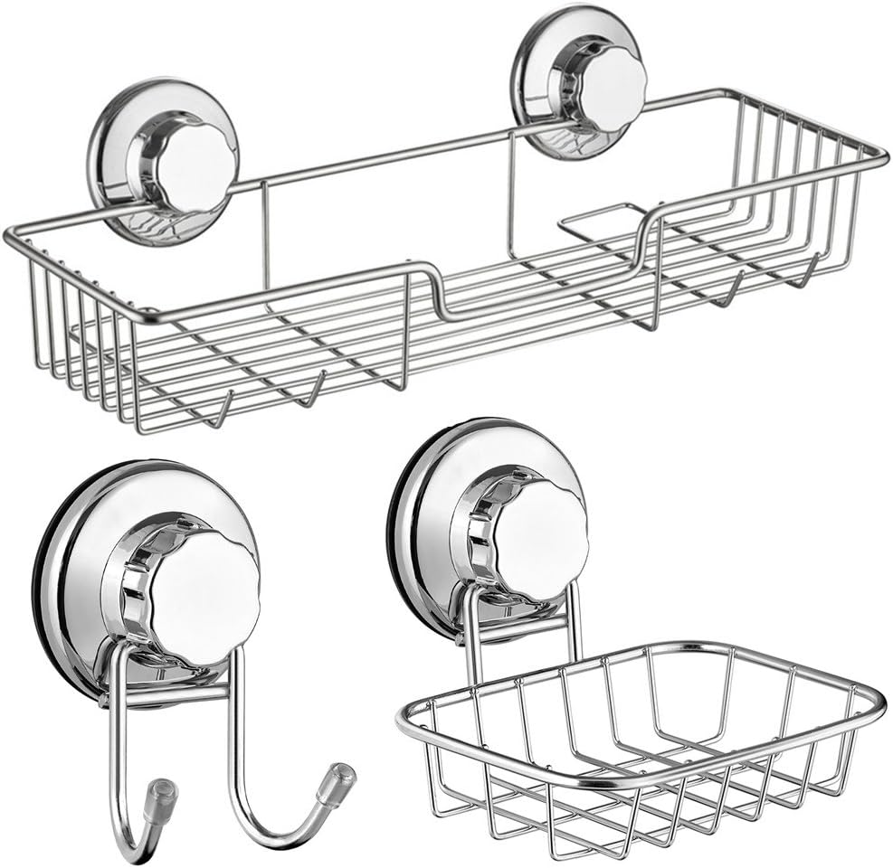 SANNO Vacumn Suction cups Shower Caddy Soap Dish Double Bath Hook-Bath Organizer Kitchen Storage Basket for Shampoo, Conditioner, Soap- Anti Rust stainless steel (set of 3)