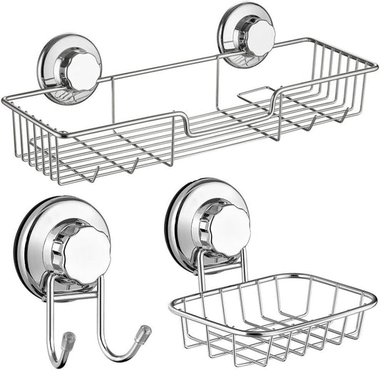 SANNO Vacumn Suction cups Shower Caddy Soap Dish Double Bath Hook-Bath Organizer Kitchen Storage Basket for Shampoo, Conditioner, Soap- Anti Rust stainless steel (set of 3)