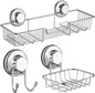 SANNO Vacumn Suction cups Shower Caddy Soap Dish Double Bath Hook-Bath Organizer Kitchen Storage Basket for Shampoo, Conditioner, Soap- Anti Rust stainless steel (set of 3)
