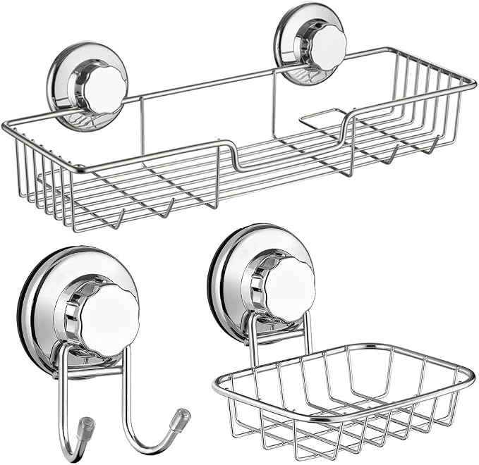 SANNO Vacumn Suction cups Shower Caddy Soap Dish Double Bath Hook-Bath Organizer Kitchen Storage Basket for Shampoo, Conditioner, Soap- Anti Rust stainless steel (set of 3)