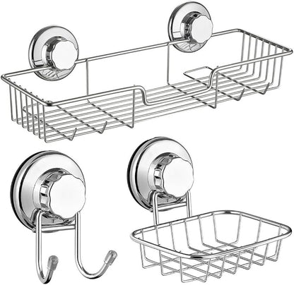 SANNO Vacumn Suction cups Shower Caddy Soap Dish Double Bath Hook-Bath Organizer Kitchen Storage Basket for Shampoo, Conditioner, Soap- Anti Rust stainless steel (set of 3)