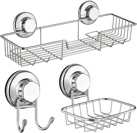 SANNO Vacumn Suction cups Shower Caddy Soap Dish Double Bath Hook-Bath Organizer Kitchen Storage Basket for Shampoo, Conditioner, Soap- Anti Rust stainless steel (set of 3)