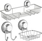 SANNO Vacumn Suction cups Shower Caddy Soap Dish Double Bath Hook-Bath Organizer Kitchen Storage Basket for Shampoo, Conditioner, Soap- Anti Rust stainless steel (set of 3)