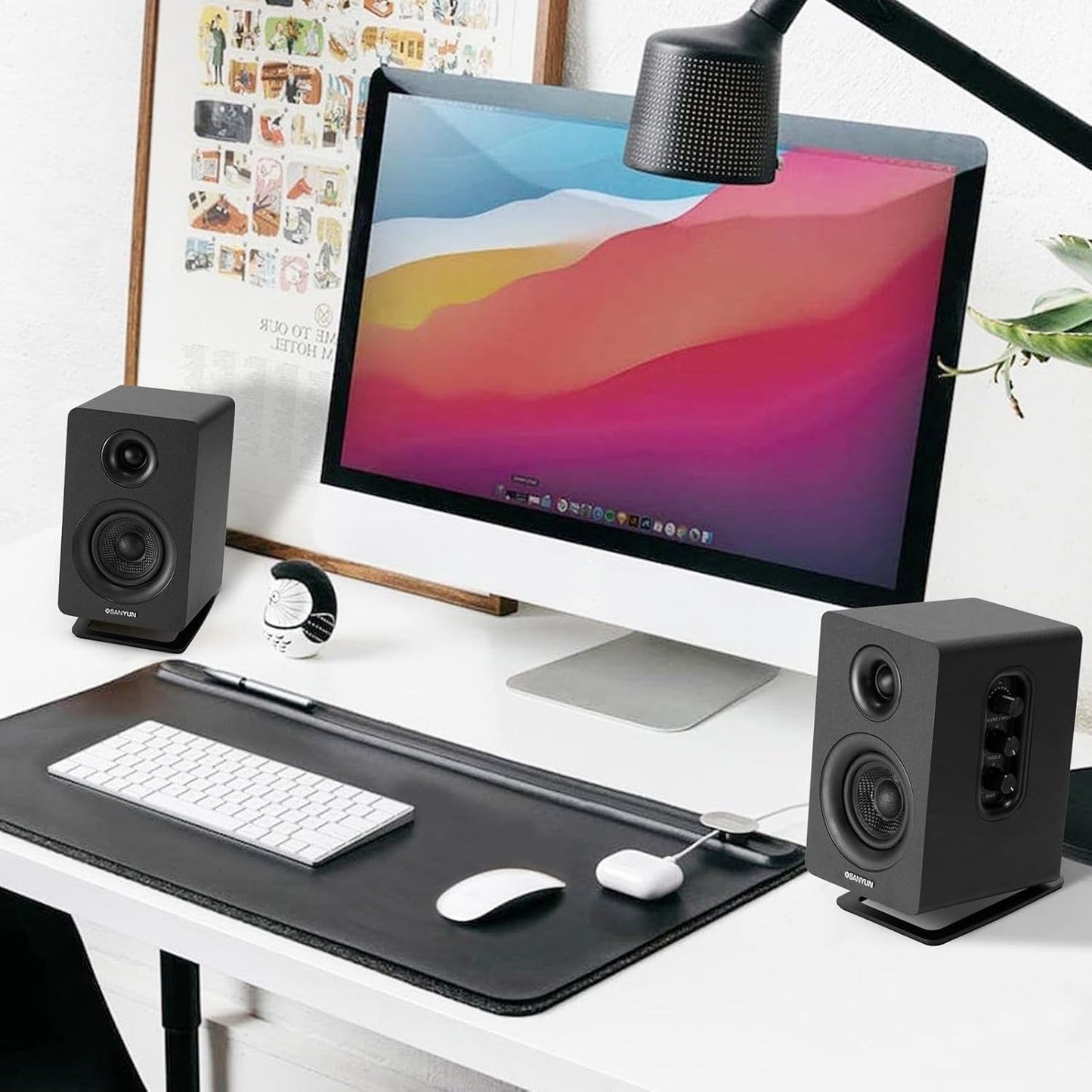 Sanyun SW208 3" Active Bluetooth 5.0 Bookshelf Speakers – 60W Carbon Fiber Speaker Unit - Built-in 24bit DAC - Dynamic 3D Surround Sound – 2.0 Computer PC Monitor Gaming Speakers (Pair, White)