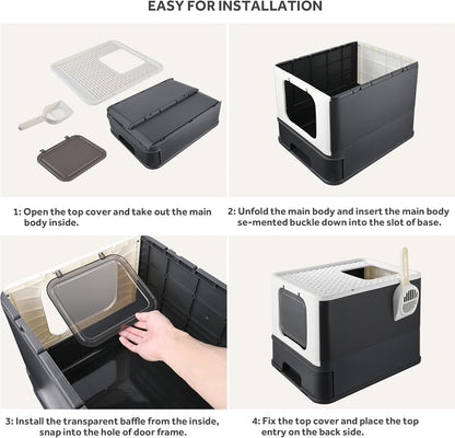 Foldable Cat Litter Box, Top Entry Kitty Litter Box with Lid & Scoop Extra Large Space Enclosure Toilet (Black) - LIVINGbasics