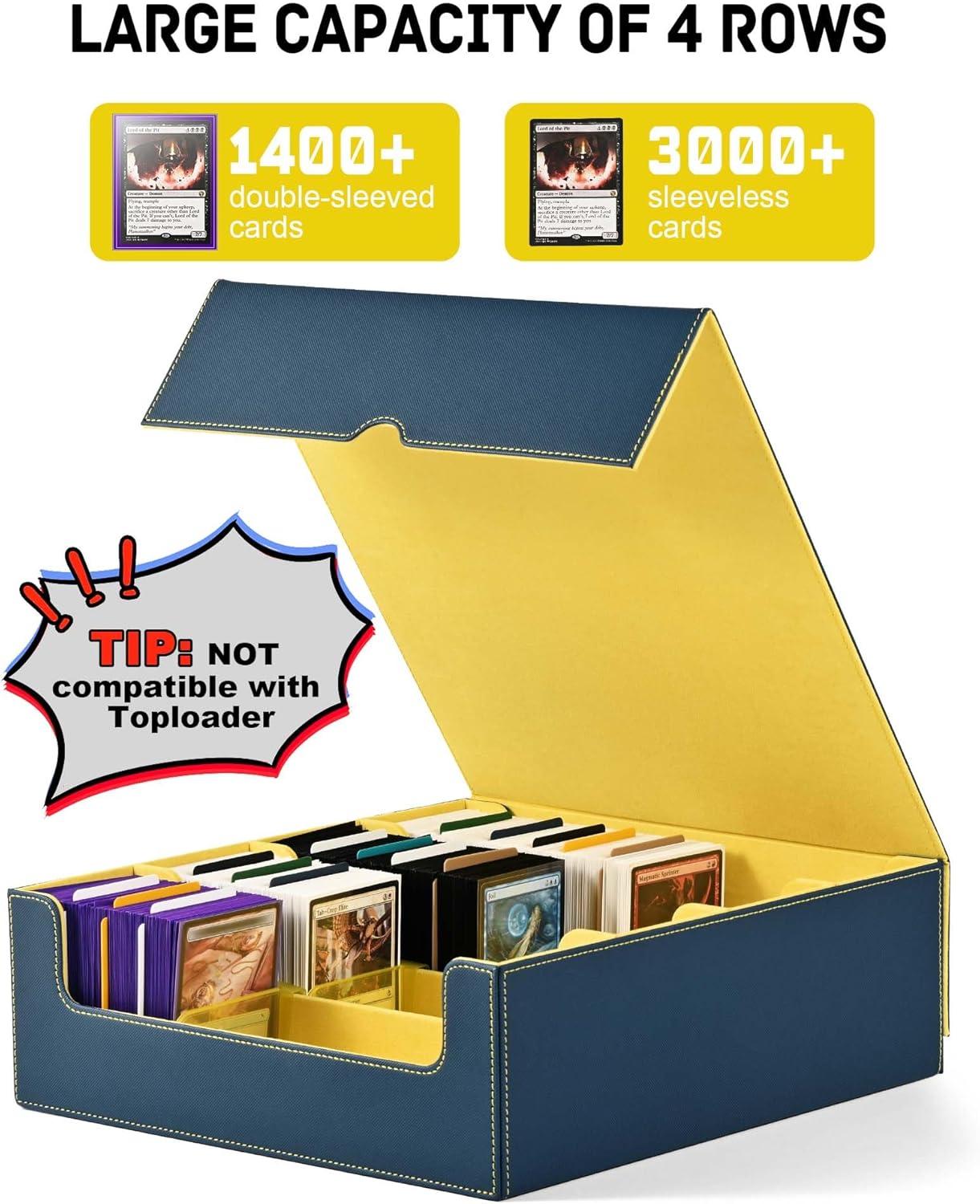 ZLCA Card Storage Box for MTG PTCG, Commander Deck Box Holds 3000+ Cards, Card Storage Case with 4 Stoppers, Card Organizer for TCG Sport Cards (Black)