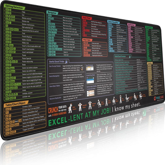 Excel Shortcut Keys Mouse Pad – Large XL Non-Slip Gaming & Office Desk Mat, Extended Rubber Mousepad with Cheat Sheet for PC & Spreadsheet Productivity