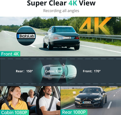 BOTSLAB 3 Channel 4K Dashcam with 128GB Card, Voice Command, 3.18 inch Touch Screen, 4K Front and 1080P Rear Inside Loop Recording, Triple Car Camera with IR Night Vision, WDR, Parking Mode