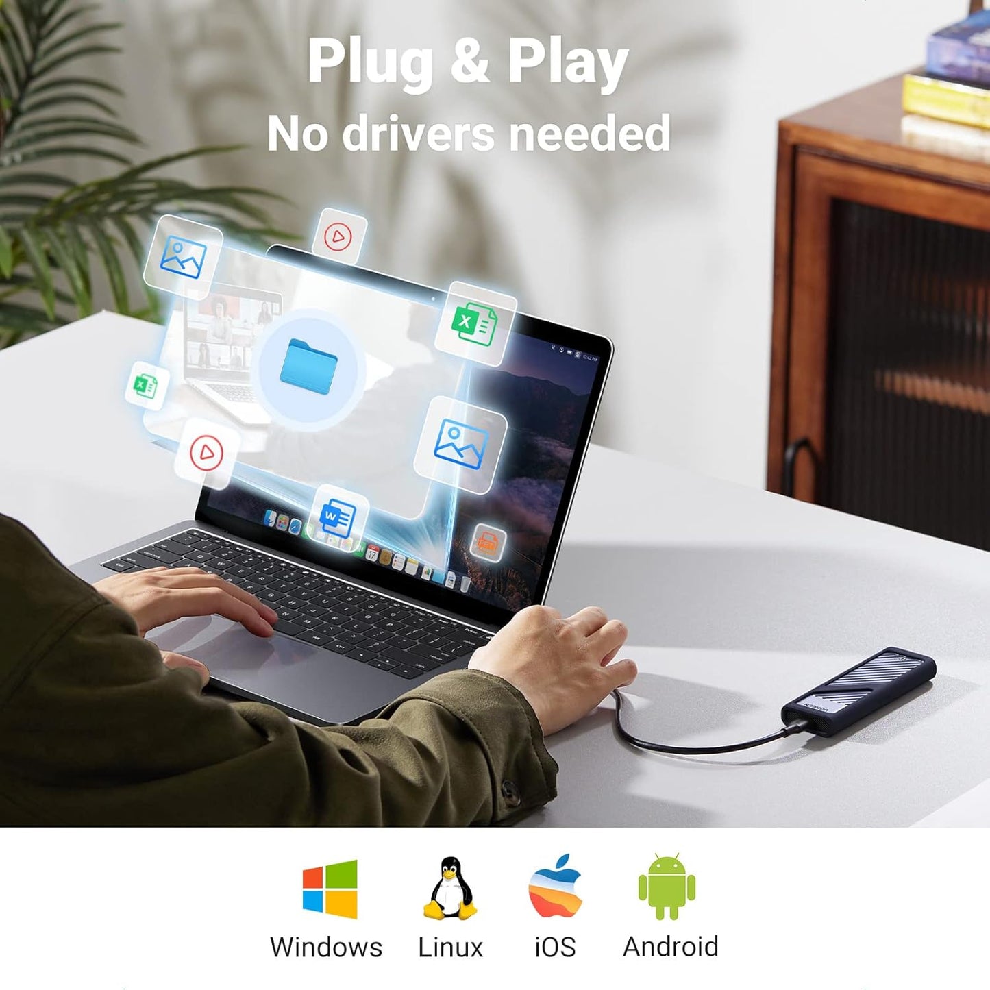 UGREEN M.2 NVMe SATA SSD Enclosure, USB 3.2 Gen2 10Gbps Enclosure for NVMe PCIe M-Key(M+B Key), SATA NGFF (M+B) Key, Support UASP Trim Smart for 2280 2260 2242 2230 with 2 Cables, Aluminum Heatsink