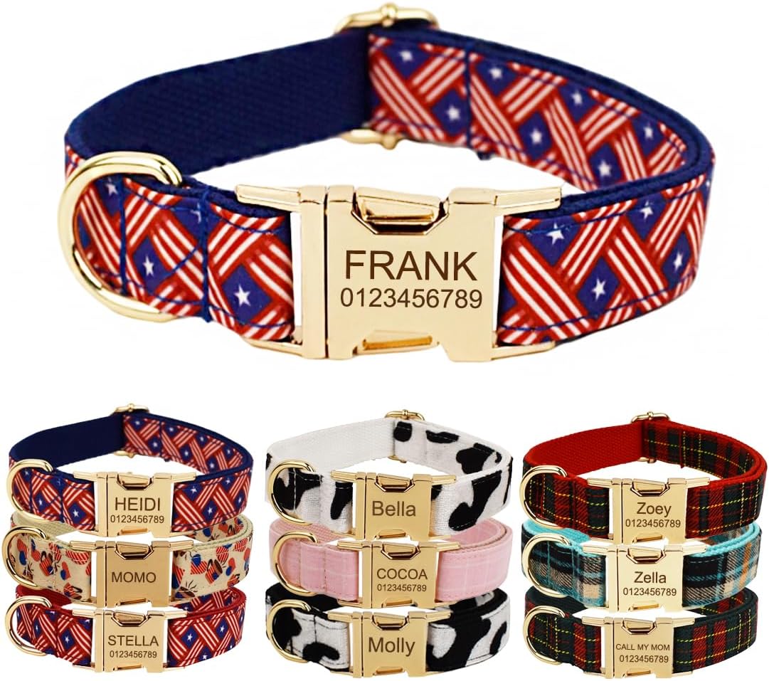 Custom Dog Collar with Metal Buckle - Pet Collars Personalized with Name and Phone Number (Plaid)