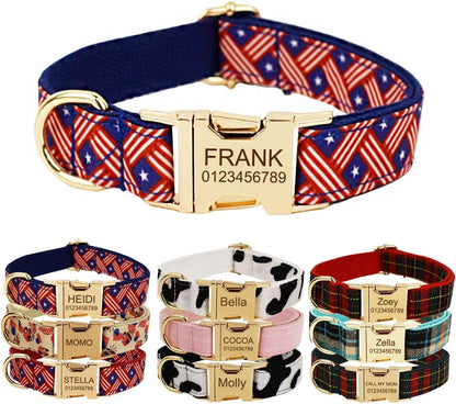 Custom Dog Collar with Metal Buckle - Pet Collars Personalized with Name and Phone Number (Plaid)