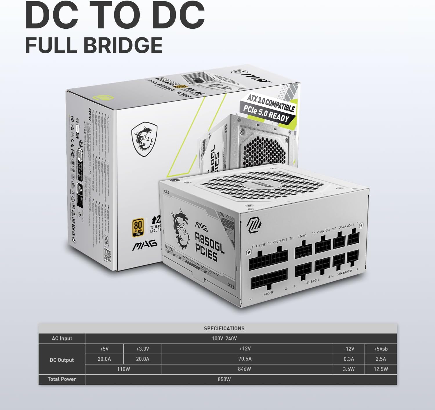 MSI MAG A750GL PCIE 5 Gaming Power Supply - Full Modular - 80 Plus Gold Certified 750W - Compact Size - ATX PSU - PuriLite