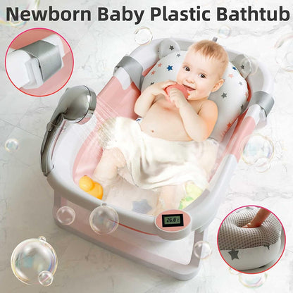 Befol Collapsible Baby Bathtub for Infants to Toddler, Portable Travel Bathtub Multifunctional Bathtub with Drain Hole, Baby Folding Bathtub for Newborn 0-36 Month (Blue+Floating Baby Bath Cushion Pink
