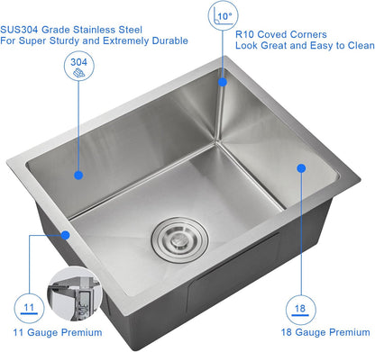 MENATT 20-inch Undermount Kitchen Sink, SUS304 Stainless Steel Handmade Single Bowl Kitchen Sink with Sink Strainer (Brushed), 20"x16"x9"
