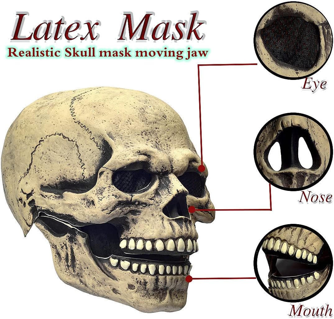 LEKA NEIL Skull Mask Creepy Halloween Full Head Skull Mask with Moving Jaw Scary Latex Helmet with Movable Mouth