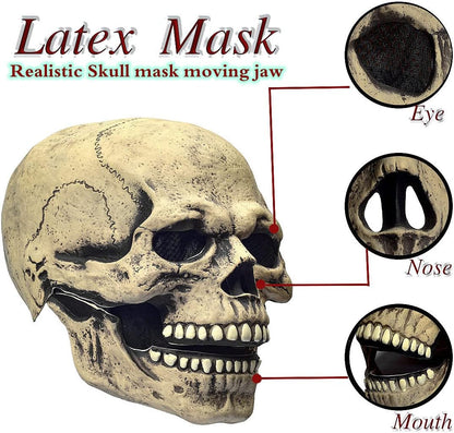 LEKA NEIL Skull Mask Creepy Halloween Full Head Skull Mask with Moving Jaw Scary Latex Helmet with Movable Mouth