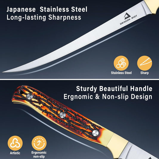 DRAGON RIOT Fillet Knife 7.5 inch Professional Boning Knife for Filleting Japanese Stainless Steel Fish Knife with Ergonomic Handle Super Sharp Fish Filleting Knife for Meat Poultry Cutting - PuriLite