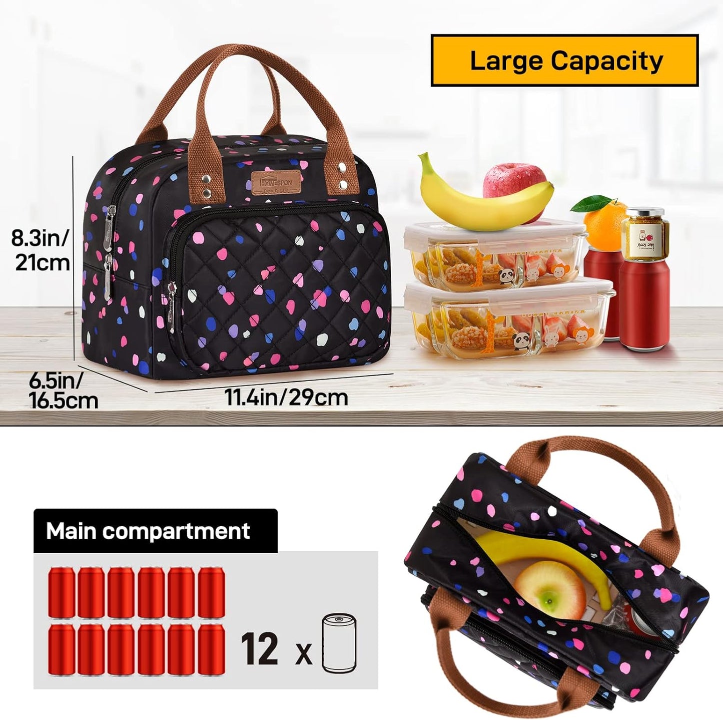 HOMESPON Lunch Bag for Woman Man Adults with Front Pocket Insulated Lunch Tote Lunch Box Container for Work Picnic or Travel(Black)