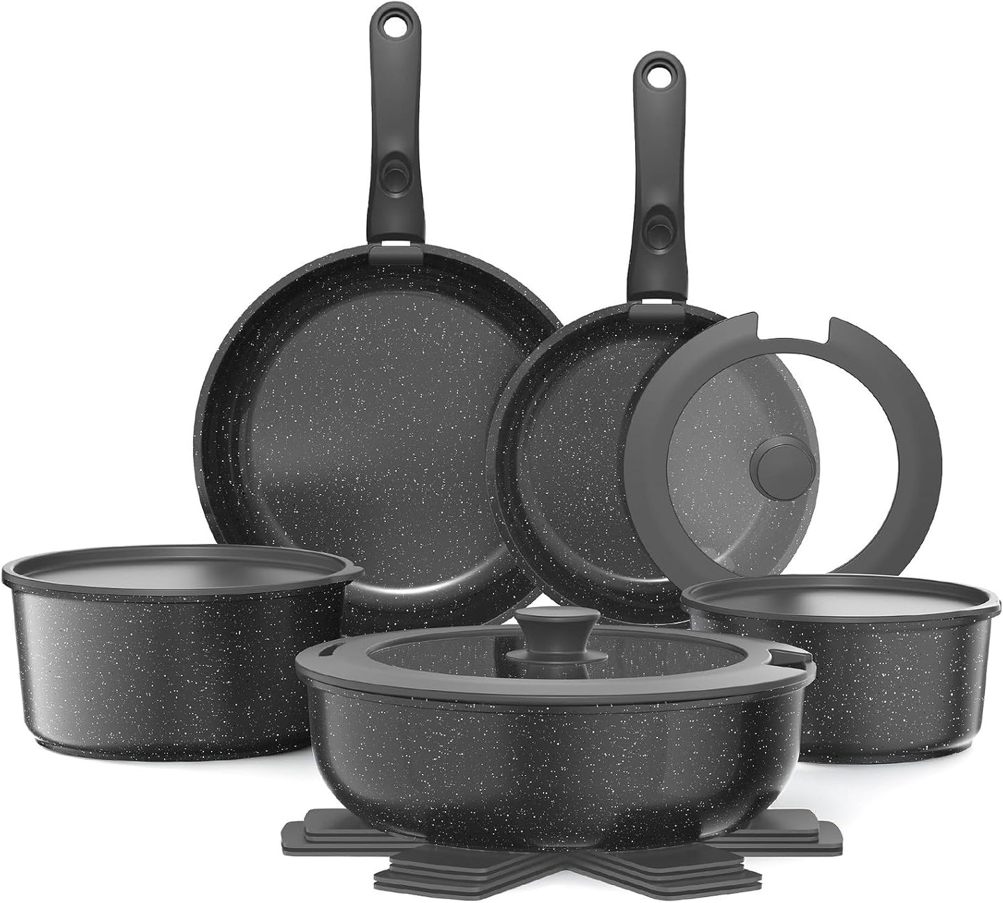 YASHE 15Pcs Nonstick Pots and Pans Set with Removable Handle, Oven Safe | Non-Toxic Stackable Cookware Set for RVs, Camping, PFOS/PFOA-Free Induction Compatible