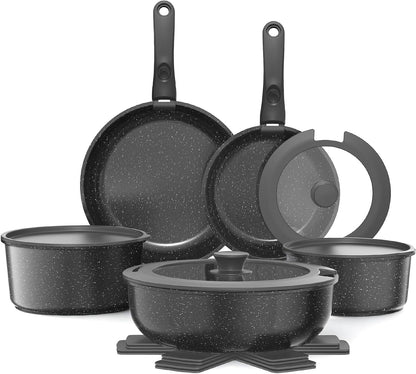 YASHE 15Pcs Nonstick Pots and Pans Set with Removable Handle, Oven Safe | Non-Toxic Stackable Cookware Set for RVs, Camping, PFOS/PFOA-Free Induction Compatible