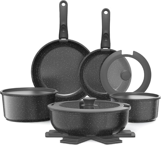 YASHE 15Pcs Nonstick Pots and Pans Set with Removable Handle, Oven Safe | Non-Toxic Stackable Cookware Set for RVs, Camping, PFOS/PFOA-Free Induction Compatible