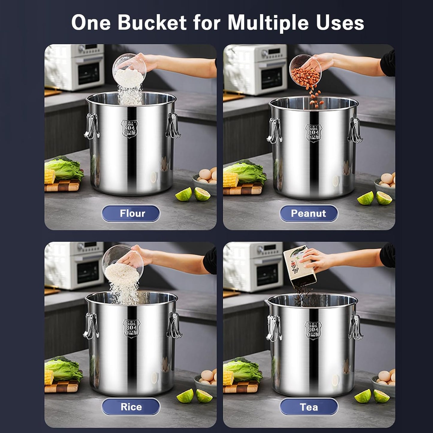 TRAGLO Rice Cereal Grain Canisters Stainless Steel Airtight Canisters Food Storage Bucket w/Handles+Lid for Kitchen Bean Flour Oil Sugar Milk 6L