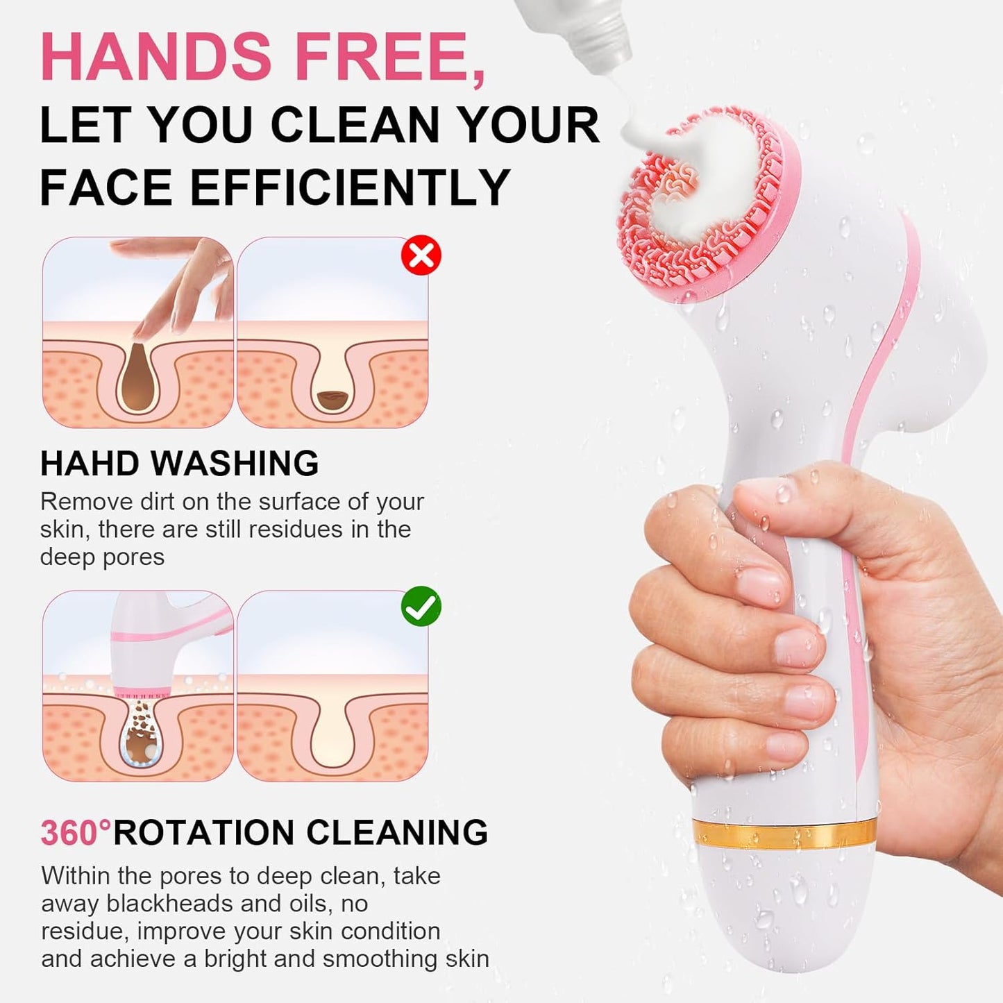 Facial Cleansing Brush, 3 in 1 Electric Face Scrubber with 3 Brush Heads for Women/Men, Waterproof Rechargeable Face Cleansing Brush for Dry Oily Sensitive Skin (Pink)