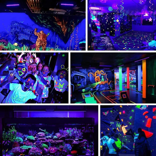 YANYCN 4 Pack 400W LED Black Light,Black Flood Light Outdoor with Plug and Switch, IP66 Waterproof 395nm to 405nm LED UV Blacklight Neon Glow for Glow Party, Halloween, Fluorescent Poster, Body Paint - PuriLite