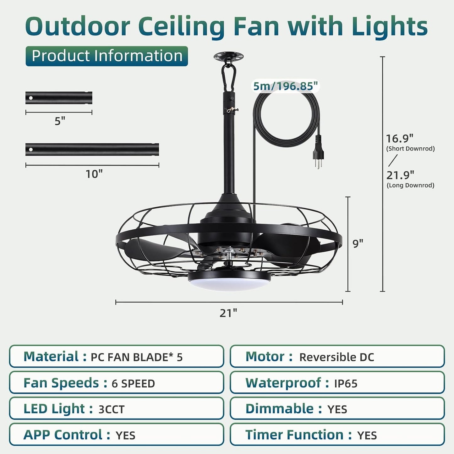 Outdoor Ceiling Fan with Light for Patios, 21" Garage Ceiling Fan Outdoor Hanging, IP65 Waterproof Plug in Ceiling Fan with Alexa/Google/App Control,3CCT Dimmable 6-Speeds for Patios Porch