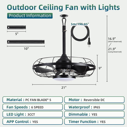 Outdoor Ceiling Fan with Light for Patios, 21" Garage Ceiling Fan Outdoor Hanging, IP65 Waterproof Plug in Ceiling Fan with Alexa/Google/App Control,3CCT Dimmable 6-Speeds for Patios Porch
