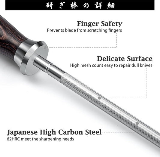 HOSHANHO Honing Rod,10 Inch Professional Kitchen Knife Sharpener Rod, Japanese High Carbon Knife Sharpening Steel with Ergonomic Pakkawood Handle, Ideal for All Chef Knives - PuriLite
