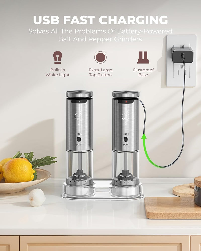 Sangcon 2-Speed Rechargeable Electric Salt and Pepper Grinder Set, 6 External Adjustable Coarseness Levels, Automatic Salt & Pepper Mill Shakers Set with Storage Base, One-Handed Operation, Silver