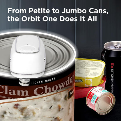 Kitchen Mama Orbit One Stainless Steel Rechargeable Electric Can Opener: Hands-Free, USB-C Charging, Automatic Stop, Smooth Edge, Safety, Blade for Large Cans, Heavy Duty, Soda Can and Pop Can