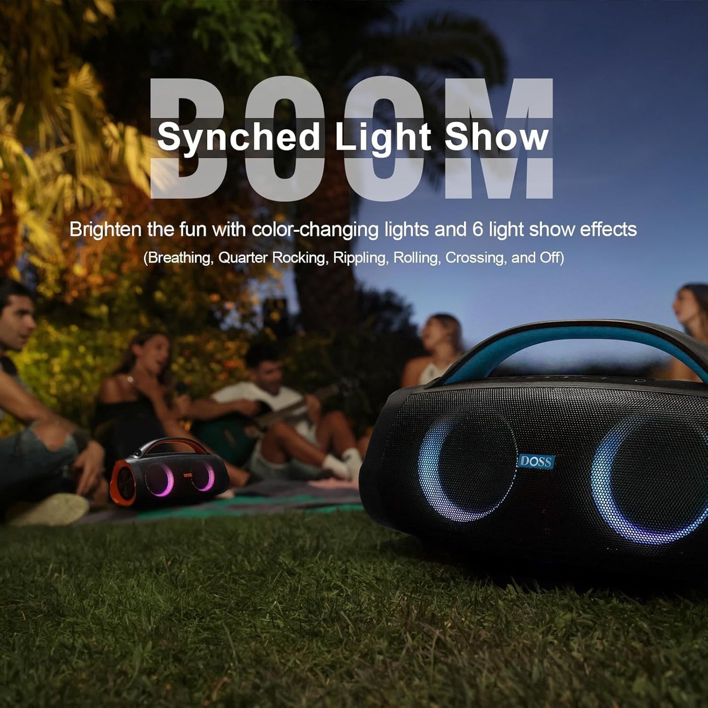 DOSS Extreme Boom Pro Bluetooth Speaker with 100W Stereo Sound, Rich Bass, 20H Playtime, Mixed Color Light, IPX6 Waterproof Haut parleur for Camping, Beach, Outdoor-Orange