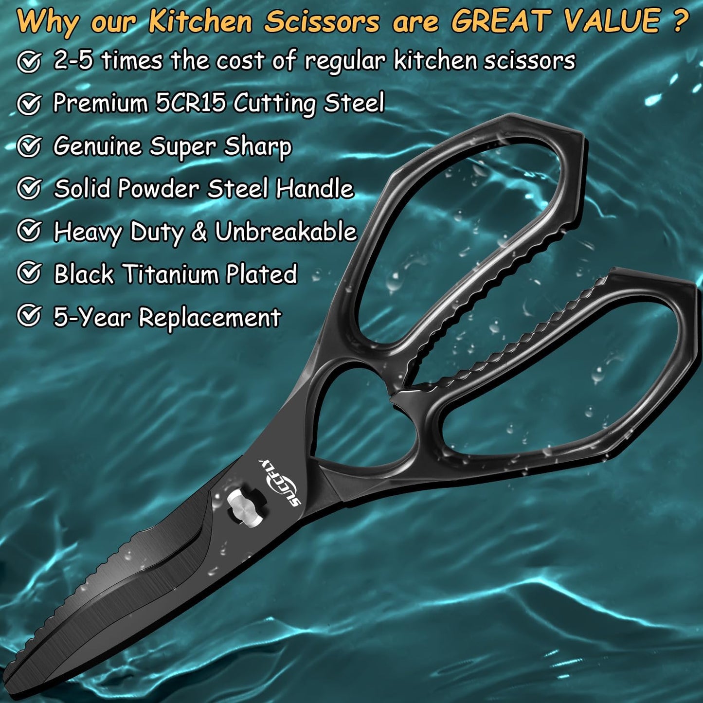 Premium Kitchen Shears Heavy Duty, Kitchen Scissors Stainless Steel, Sharp Poultry Shears, Food Scissors for Vegetable, Chicken, Meat, Fish, Detachable Scissors All Purpose with Black Titanium Plated