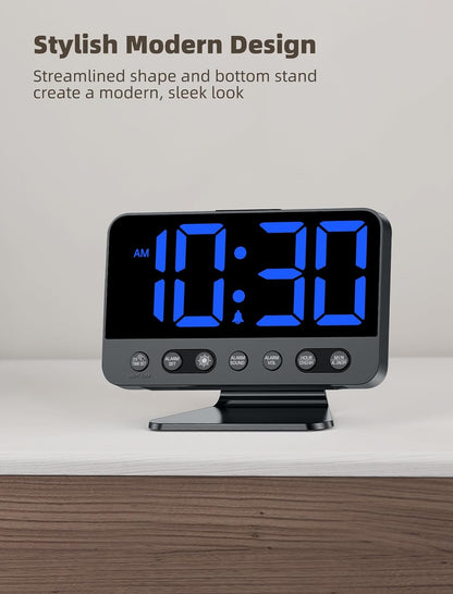 Odokee Digital Alarm Clocks for Bedrooms: Large Bold Number 5 Brightness Dimmer - Easy to Read Across The Room - 5 Alarm Sound 8 Night Light - Silver