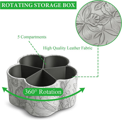 Flower Shaped Leather Art Supply Organizer,Remote Control Holder,360 Degree Spinning,Multi-Functional Pencil Holder,5 Compartments Desktop Stationary Organizer(1-Flower Grey)