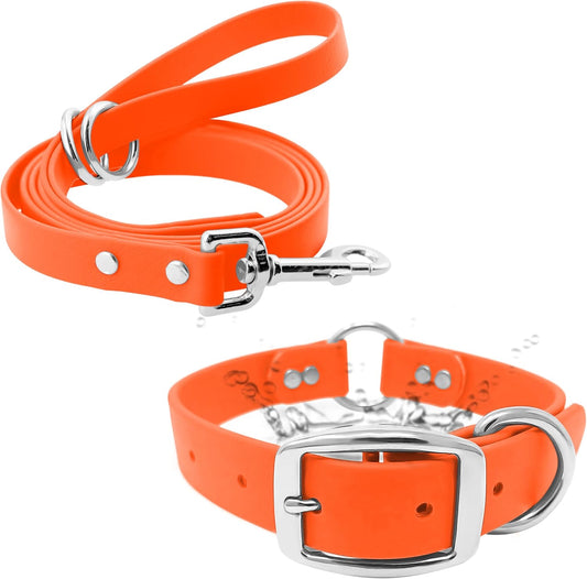 Regal Dog Products Small Orange Waterproof Dog Collar and Leash Set - Vinyl Coated, Biothane Puppy Pet Training Collar with Heavy Duty Center Ring & 5'ft Leash - Other Sizes for Medium & Large Dogs